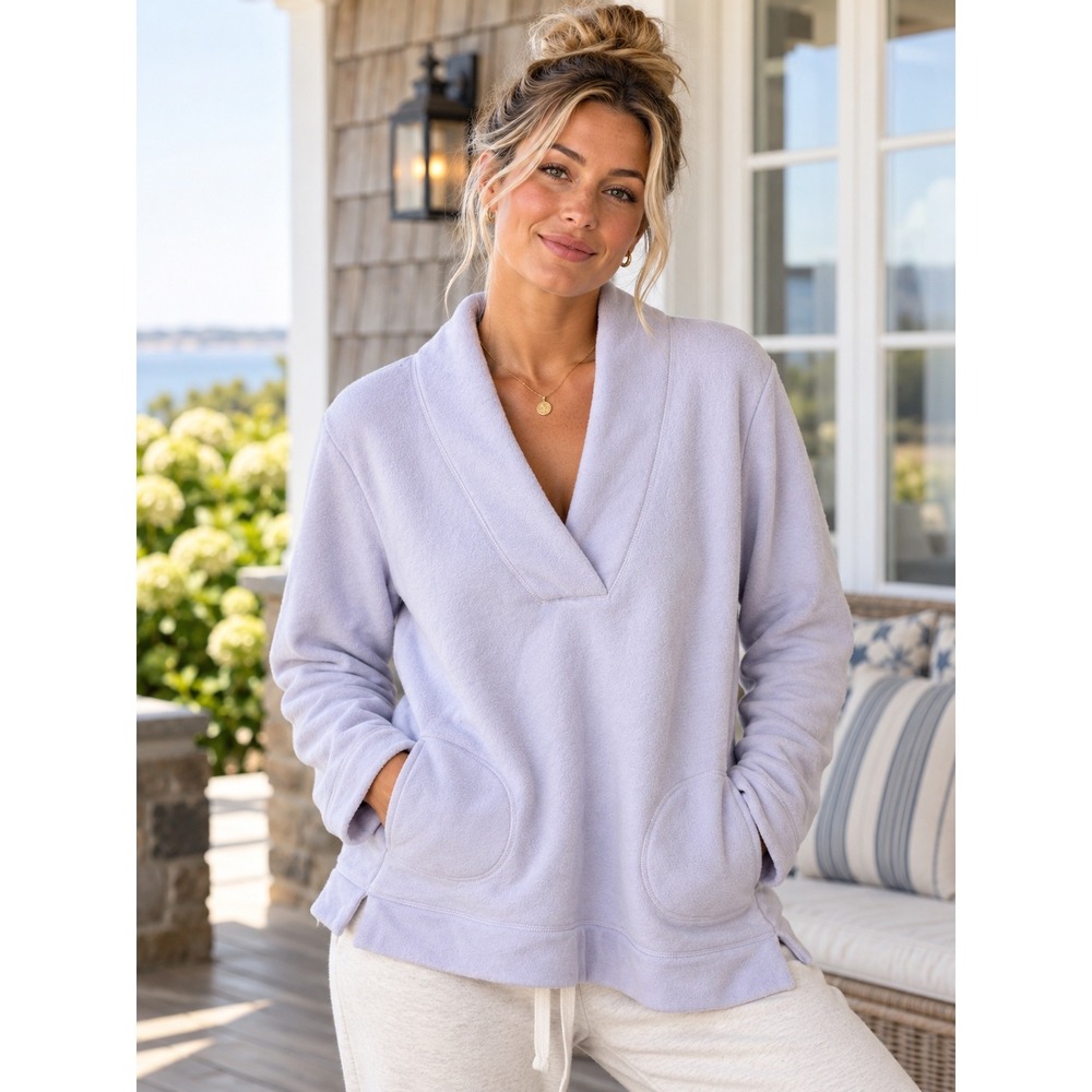 Nautica Women's M Lavender Fleece V Neck Pullover Coastal Preppy Cozy Casual